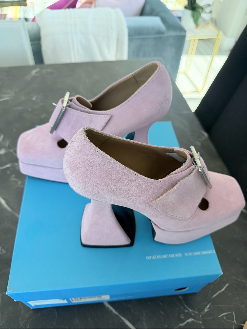 John Fluevog Pink Suede Platform Heels with Buckle